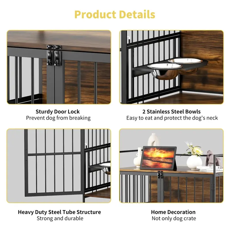 ROOMTEC Large Dog Crate Furniture With Adjustable Bowls, Steel Frame, 48in x 30.3in x 43in - Image 3