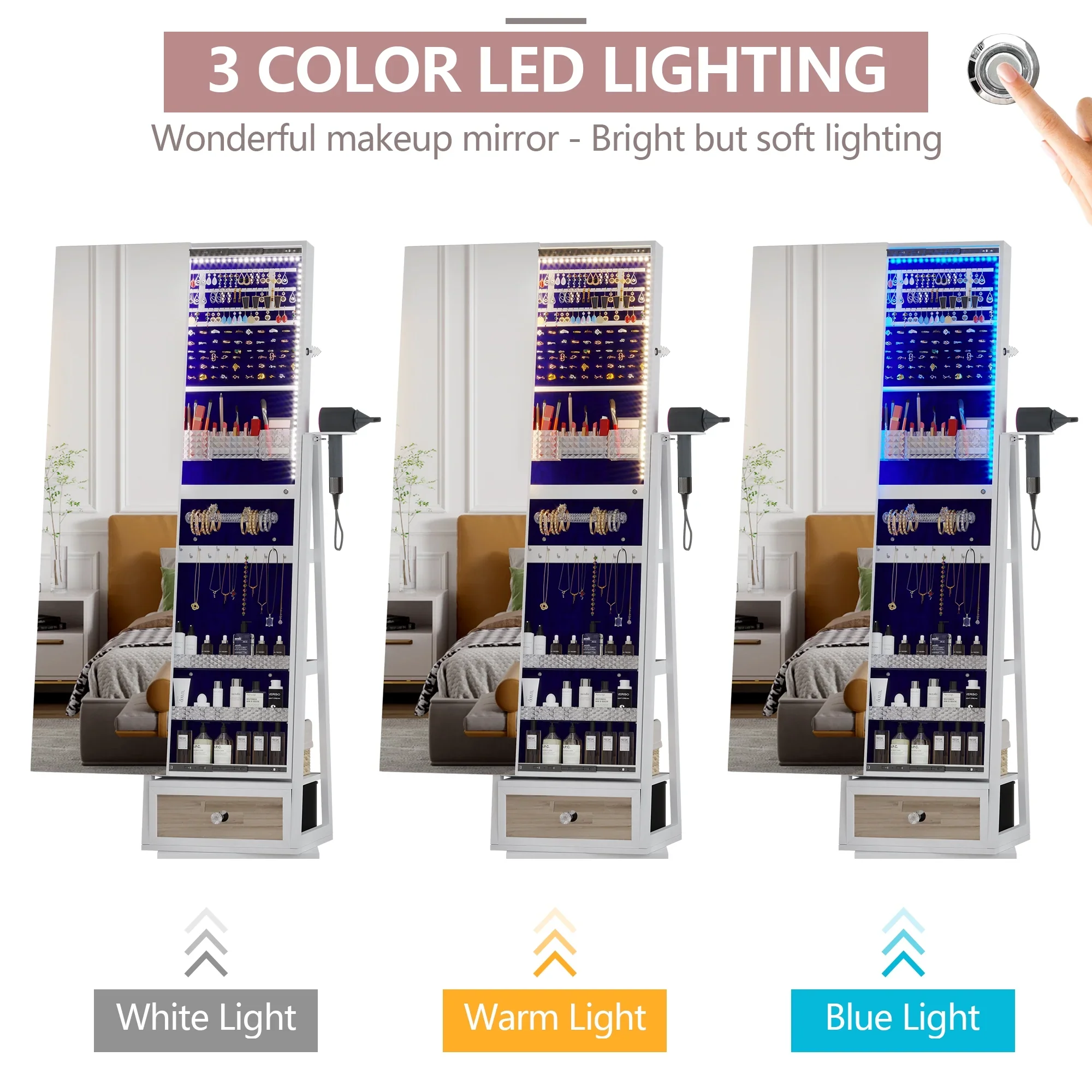 LVSOMT 360 Swivel Jewelry Cabinet With Lights, 53.5 x 14.5 in Full-Length Mirror, White - Image 5