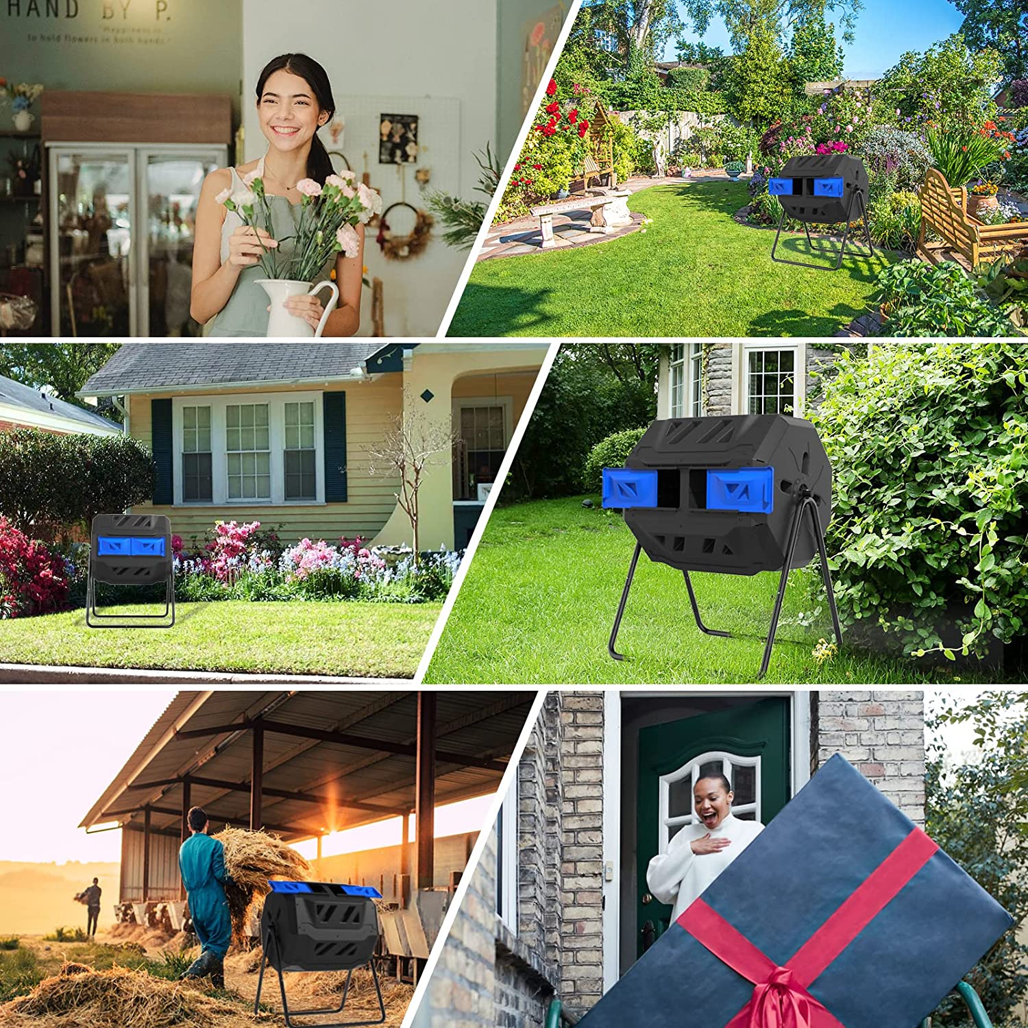 Large Compost Tumbler Bin Dual Compartment Better AirCirculation Efficient Compost BPA Free Sturdy Steel Frame 43Gallon (2 21.5Gal) Blue Door - Image 5