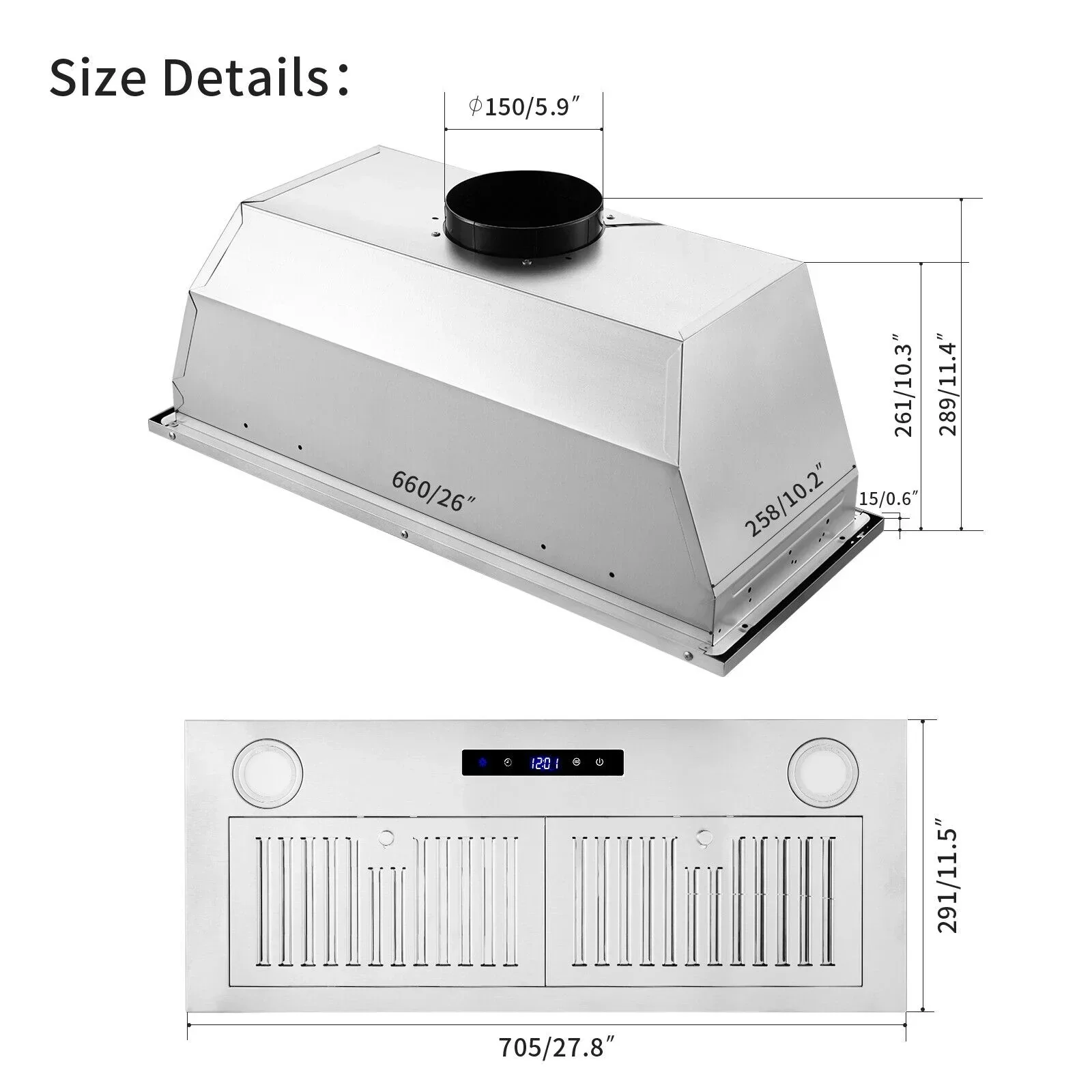 30 Inch Built-In Range Hood 800 CFM 3-Speed Touch Control - Image 8
