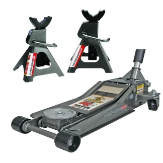 Pittsburg 3 Ton Low Profile Floor Jack and Jack Stands Set Combo with Rapid Pump Quick Lift