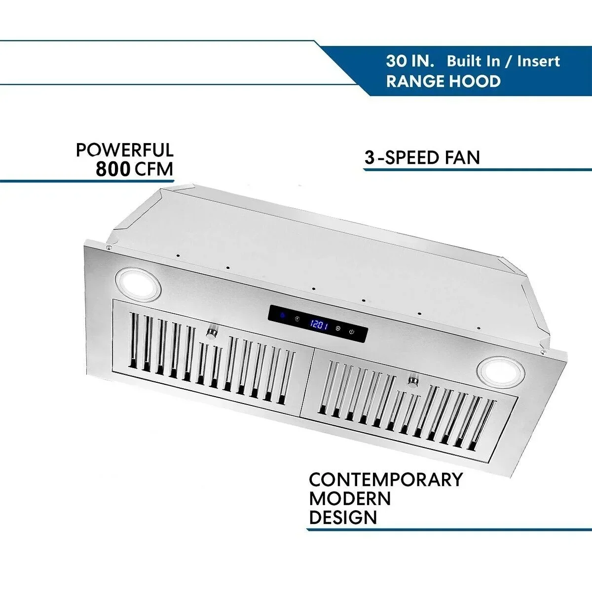 30 Inch Built-In Range Hood 800 CFM 3-Speed Touch Control - Image 2