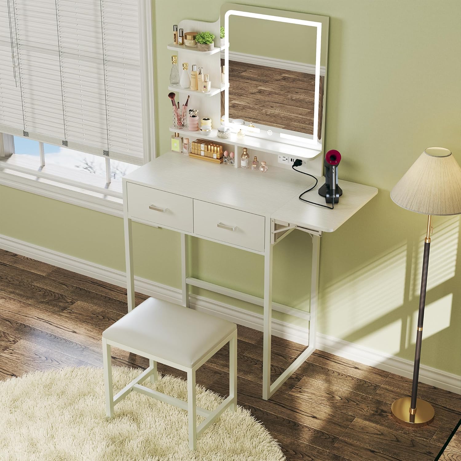 Fixwal Small Makeup Vanity Table with LED Mirror, 4 Drawers & Charging Station, White - Image 2