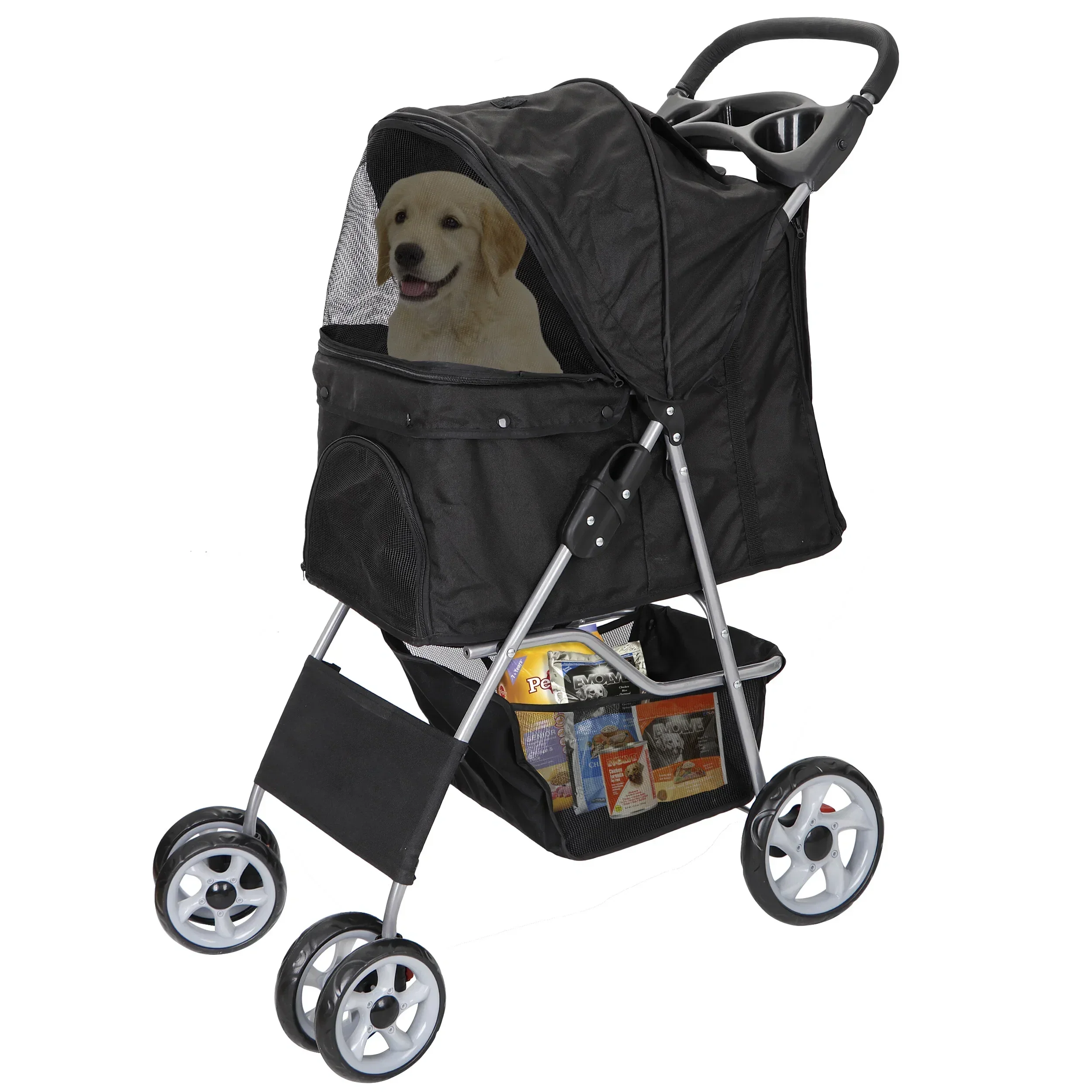 HomGarden 4 Wheel Foldable Pet Stroller Carrier Cart With Storage Basket And Cup Holder - Black - Image 11