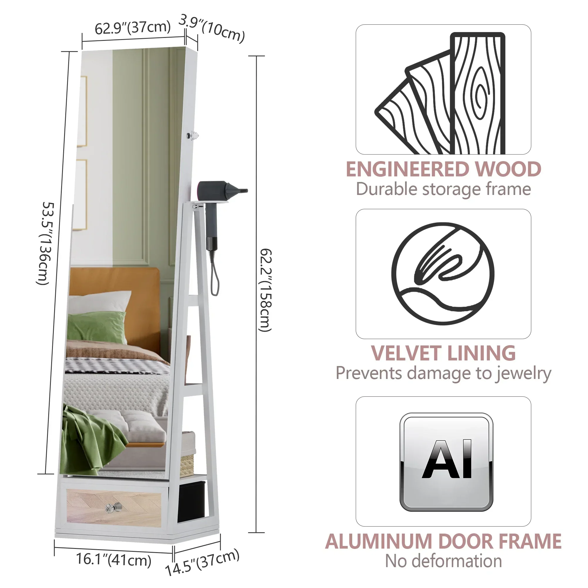LVSOMT 360 Swivel Jewelry Cabinet With Lights, 53.5 x 14.5 in Full-Length Mirror, White - Image 2