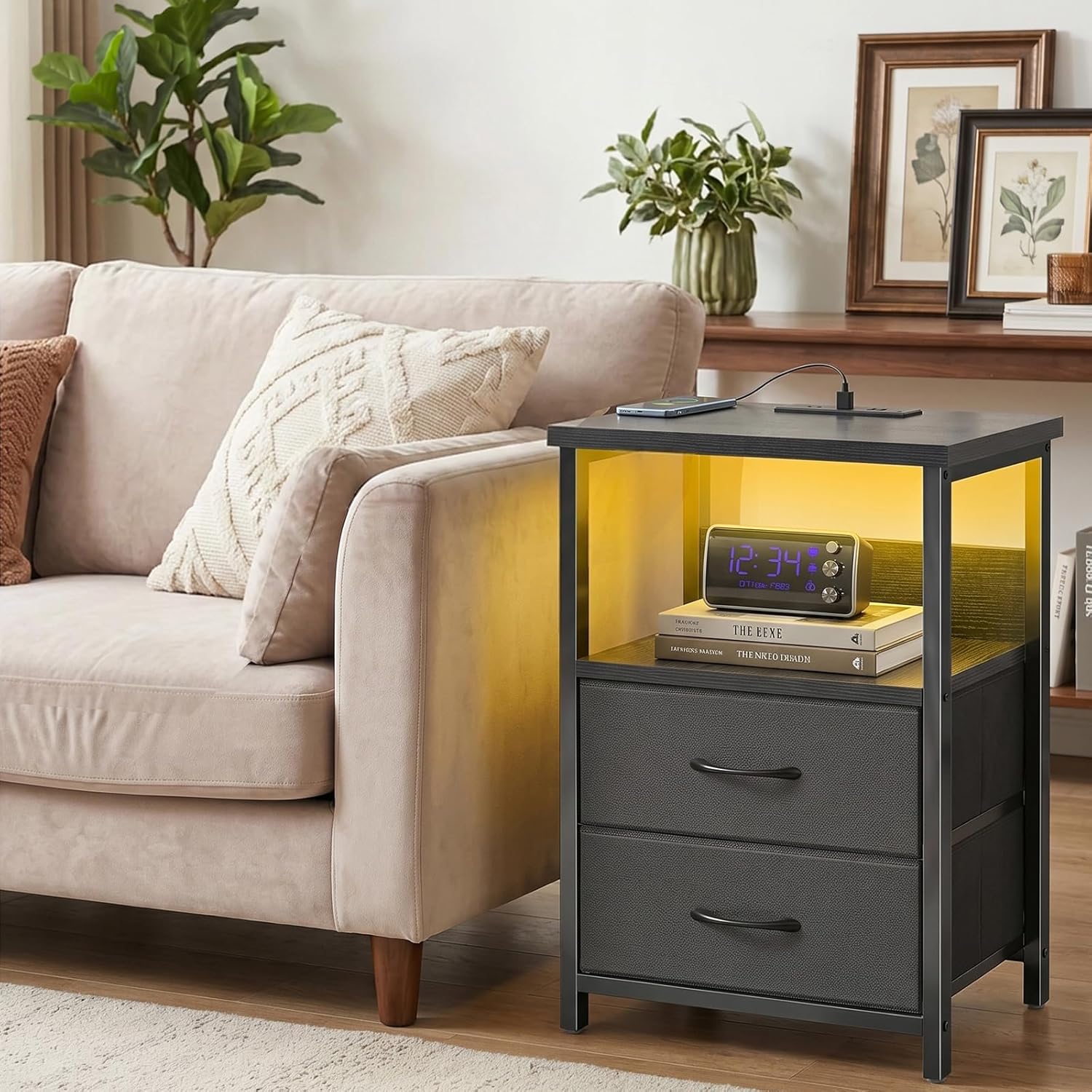 Black Nightstand Set of 2 with Charging Station, RGB LED & 2 Fabric Drawers - Image 7