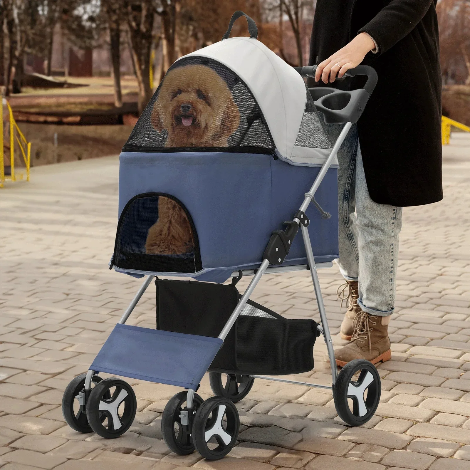 MoNiBloom 4-Wheel Foldable Pet Stroller, 33 lbs, Navy Blue - Image 6