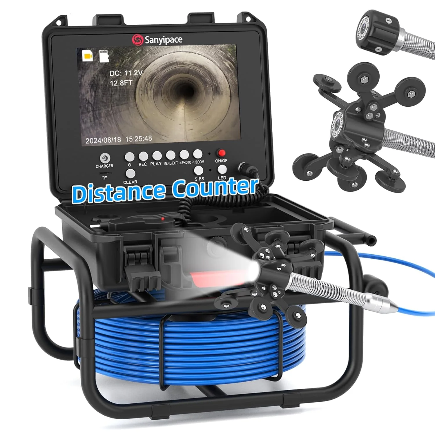 100 feet / 30 meters, 23 mm / 0.9 inches full HD sewer inspection camera, 5x zoom, distance counter, 9-inch IPS screen, digital video recorder and voice recorder, 16GB memory card, suitable for sewer lines, pipes, ventilation ducts, piping systems, p - Image 3