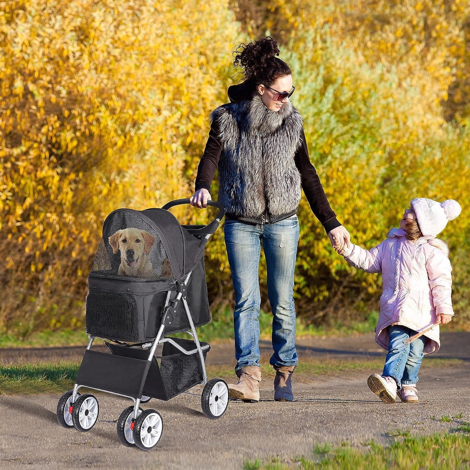 Foldable Cat/Dog Pet Stroller With 4 Wheel, Storage Basket, Cup Holder - Black - Image 2