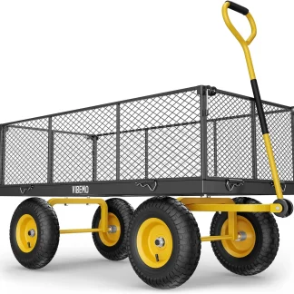 Steel Garden Cart, 2-in-1 1400 lbs Heavy Duty Utility Wagon, with Removable Mesh Sides to Convert into Flatbed, 240 U-Turn 13" Pneumatic Tires Garden Wagon for Farm Yard Lawn Garden Camping