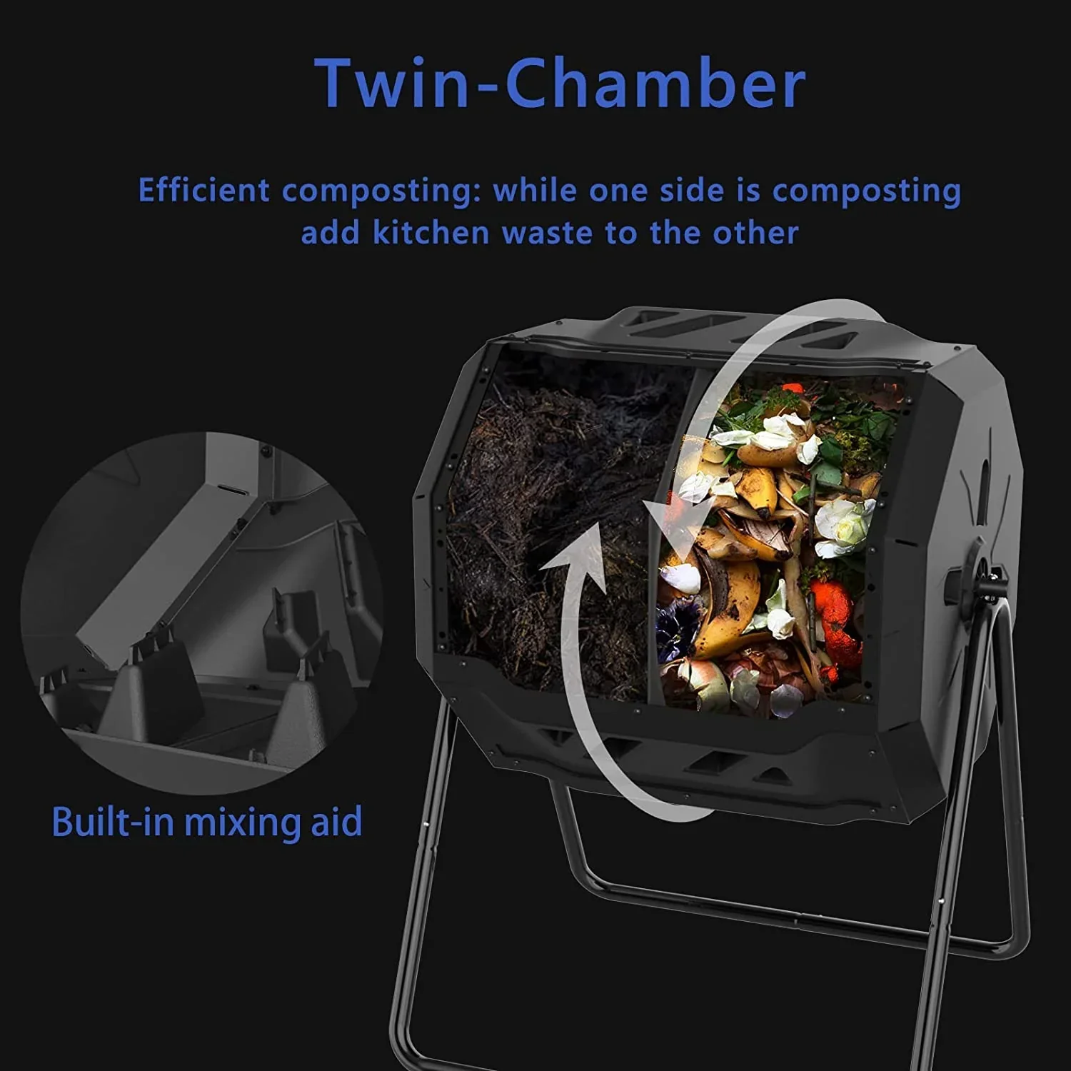 Large Compost Tumbler Bin Dual Compartment Better AirCirculation Efficient Compost BPA Free Sturdy Steel Frame 43Gallon (2 21.5Gal) Blue Door - Image 2
