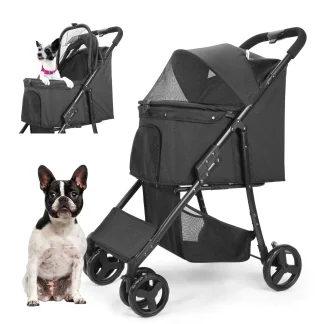 Wedyvko 4 Wheel Foldable Pet Stroller With Storage Basket For Small Medium Dogs & Cats - Black