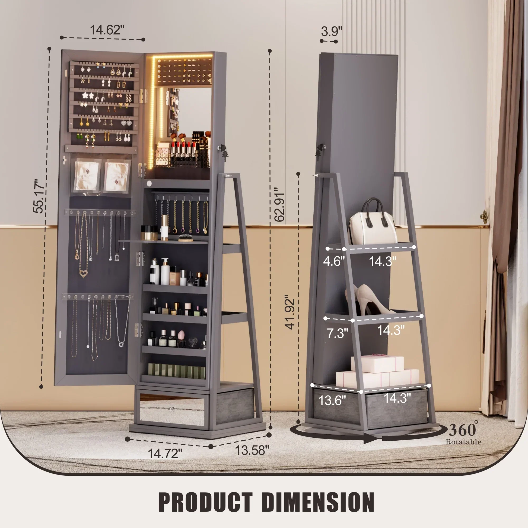 FREDEES Standing Jewelry Cabinet With Full-Length Mirror, Lights, Engineered Wood, Gray, 14 in D x 15 in W x 64 in H - Image 3