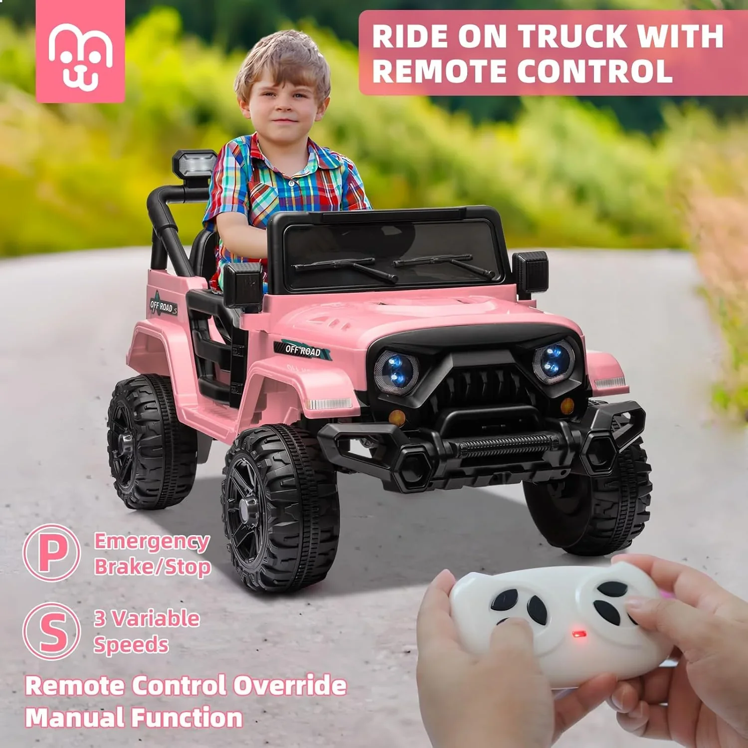 12V Kids Electric Ride on Truck Car Remote Control, Twin 35W Motors 3.5MPH Max Speed, Bluetooth USB Music Player, 4 Wheels Suspension LED Lights Safety Belt, Gift for Boy & Girl-Rosy - Image 24