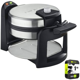 Cuisinart WAF-F30 Round Flip Belgian Waffle Maker Black/Stainless Bundle with 1 Yr CPS Enhanced Protection Pack