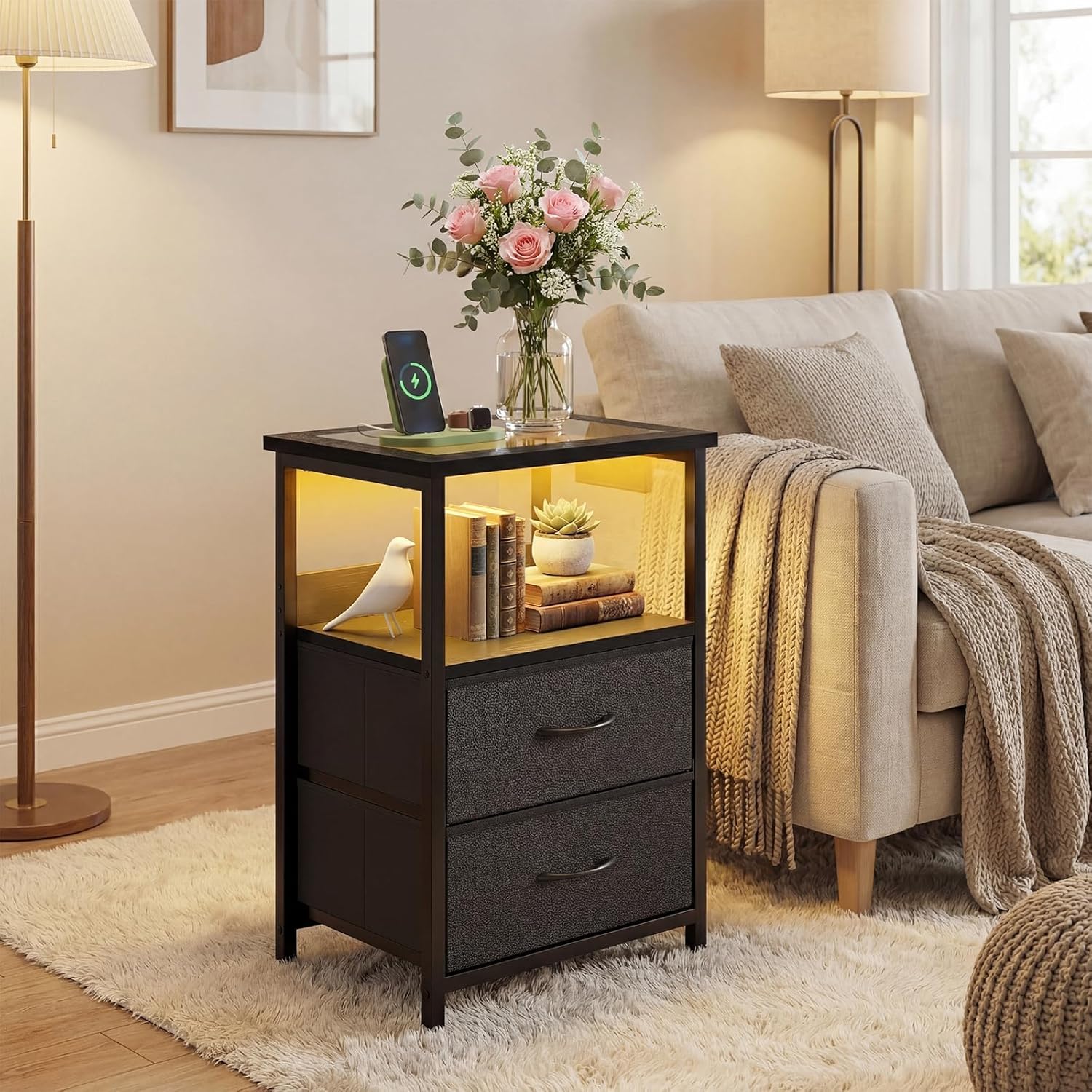 Fixwal 2 Drawers Night Stand with Glass Clear Desktop