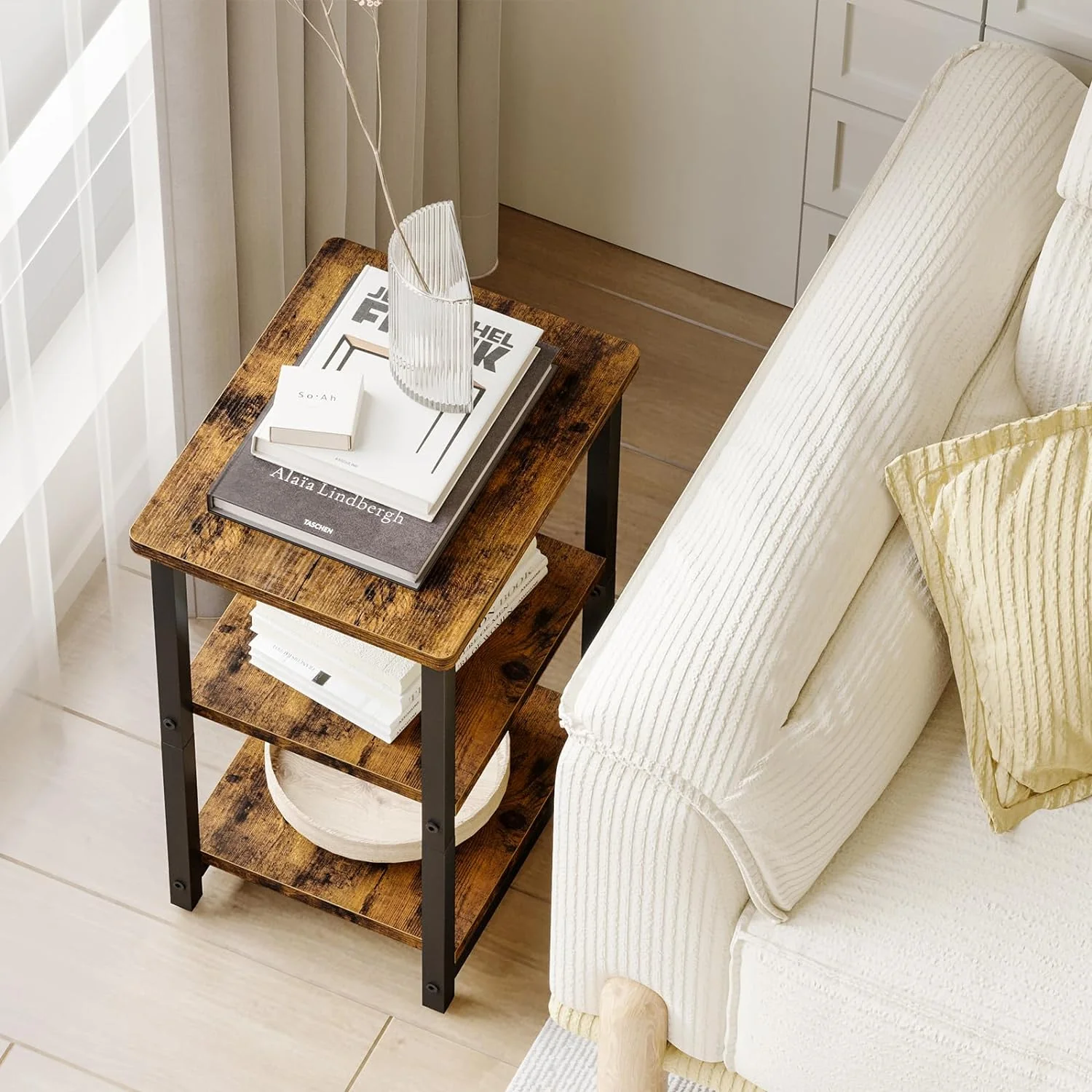 Rustic Brown Nightstand with Charging Station, 2 Fabric Drawers & Open Shelves - Image 6