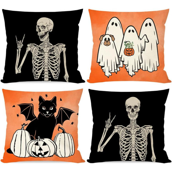 Halloween Throw Pillow Covers Set Of 4 Black Cat Skeleton Dog Ghost Pumpkin Orange Fall Halloween Indoor Outdoor Decorations Decorative Throw Pillows Cases For Home Couch Porch Decor