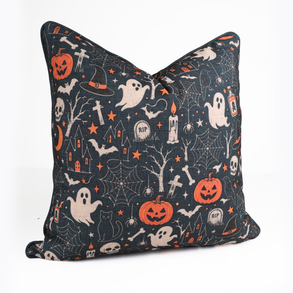 Haunted Graveyard Linen Blend Piping Throw Pillow Cover, Creepy Spiderweb & Tombstone Decorative Accent Pillow for Couch, Sofa, and Bed