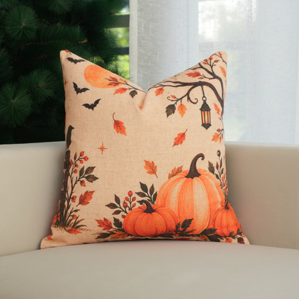 Halloween Lantern and Pumpkin Linen Blend Throw Pillow Cover, Spooky Autumn Harvest & Bats Decorative Accent Pillow for Couch, Sofa, and Bed