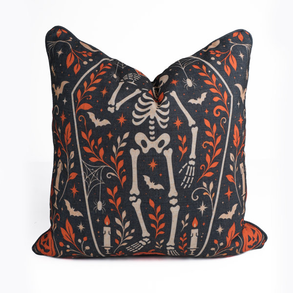 Halloween Skeleton Linen Blend Piping Throw Pillow Cover, Spooky Gothic Coffin & Bats Decorative Accent Pillow for Couch, Sofa, and Bed