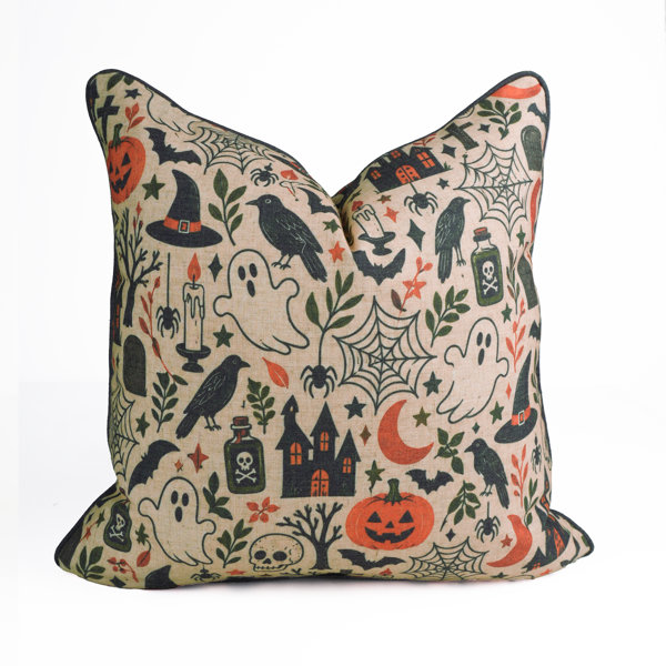Boo Mix Halloween Linen Blend Decorative Pillow Cover with Piping, Festive Digital Print and Invisible Zipper