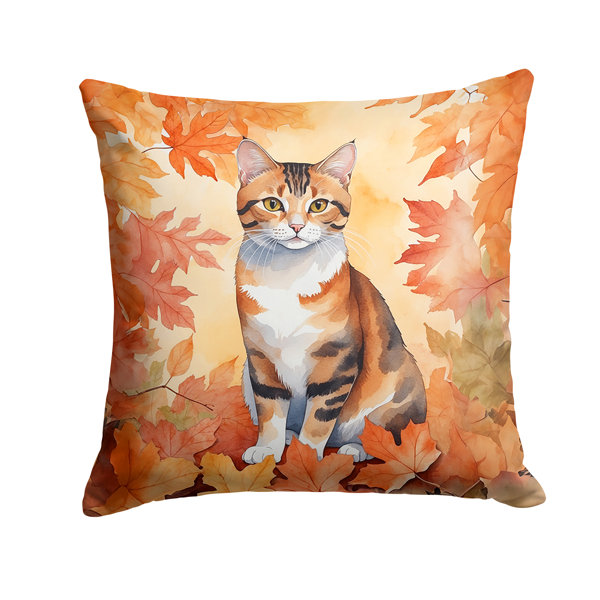 Korean Bobtail Cat in Fall Leaves Throw Pillow