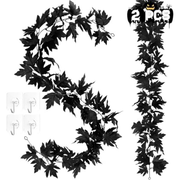 Halloween Garland, 2 Pack Black Maple Leaf Garland, Realistic Halloween Hanging Fall Leaves Vines, Artificial Decorations Leaves Garlands Decor Outdoor Indoor Mantel Stair Décor