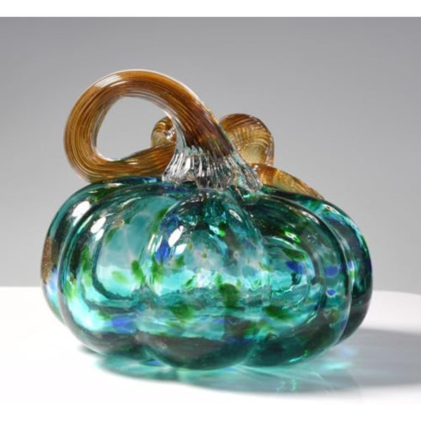 Hand Blown Glass Pumpkin Figurines Collectibles, 3.15" Turquoise Blue Crystal Pumpkin Decorations For Fall Harvest Halloween Thanksgiving Christmas