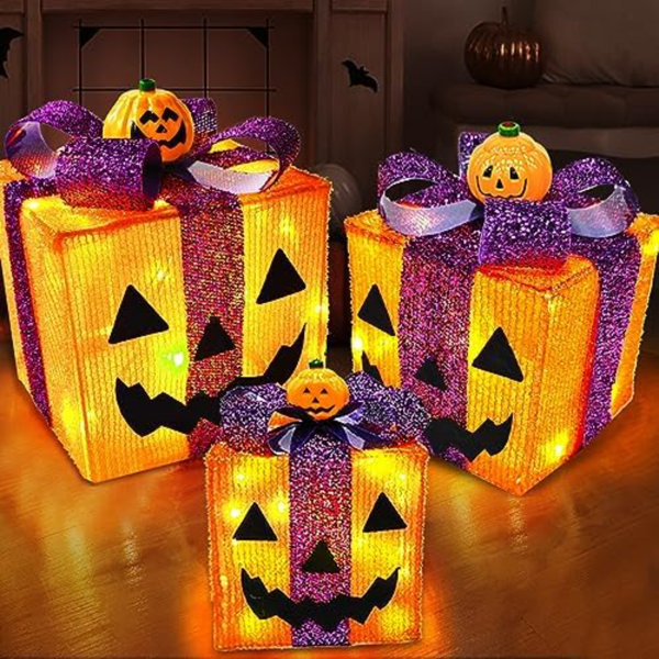 [ 8 Modes & Timer ] 3 Pack Lighted Halloween Pumpkin Decorations With 60 LED Lights Battery Operated Jack-O-Lantern Gift Box Halloween Outdoor Yard Decor For Holiday Home Indoor Garden Party Favors