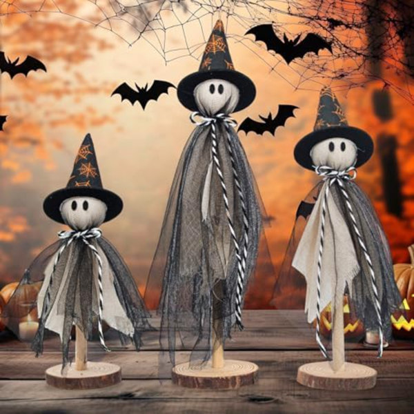 Halloween Decorations Ghost Shelf Sitters – Set Of 3 Wooden Halloween Decor With Witch Hats – Fabric Ghost Figures With Spiderweb Design – Table Decor For Tiered Tray, Mantel, Party Supplies(Black)