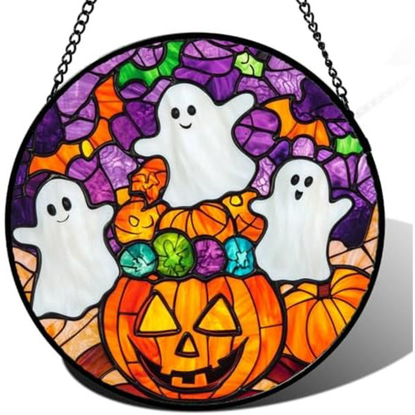 Stained Glass Window Hanging Halloween Horror Pumpkin White Ghost 15" - Suncatcher Door Garden Sunroom Gothic Style Sun Catcher Birthday For Friend Mom Men Woman Nana