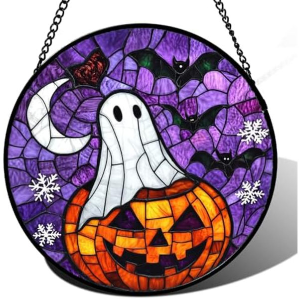 Stained Glass Window Hanging Halloween Horror Pumpkin 6.3" - Suncatcher Door Garden Sunroom Gothic Style Ghost Bat Sun Catcher Birthday For Friend Mom Men Woman Nana