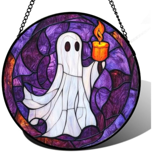 Stained Glass Window Hanging - Halloween Decorations Ghost Suncatcher For Doors Garden Indoor Spooky Funny Purple Sun Catchers Gothic Decor Horror Gifts For Women Men Friend 6.3 In