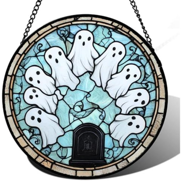Stained Glass Window Hanging - Halloween Decorations Ghosts Tombstones Suncatcher For Doors Garden Indoor Spooky Funny Sun Catchers Gothic Decor Horror Gifts For Women Men Friend 7.8 In