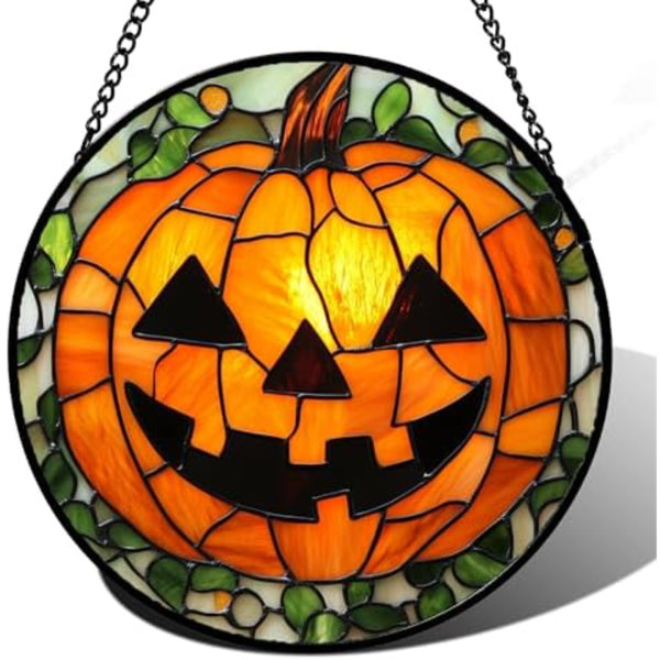 Stained Glass Window Hanging, Halloween Decorations Evil Pumpkin Suncatcher For Doors Garden Indoor Spooky Funny Orange Sun Catchers Gothic Decor Horror Gifts For Women Men Friend 6.3 In