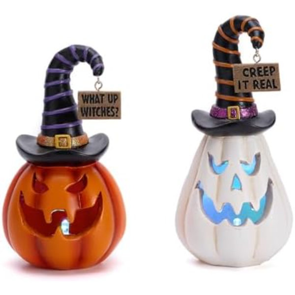 Pumpkin Halloween Decorations Indoor For Home, 2Pcs Resin Halloween Figurines With Light, White And Orange Jack O Lantern Decor With Witch Hat For Table Tiered Tray, 6.5" Tall