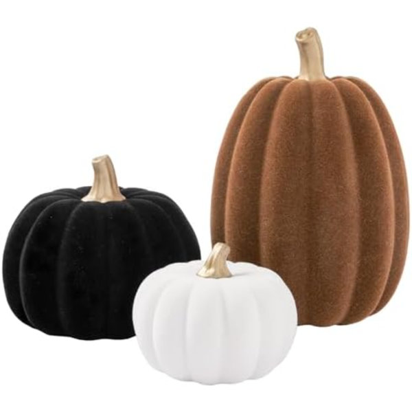 3 Pcs Fall Pumpkin Decorations – Flocked White Brown Black Resin Pumpkins Figurines For Autumn Thanksgiving Halloween Decoration, Faux Artificial Pumpkin For Home Table Mantel Decorating