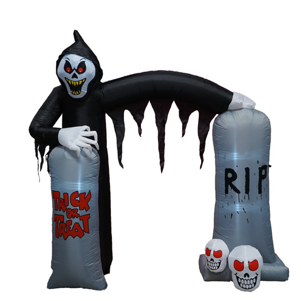 8 Foot Tall Lighted Happy Halloween Ghost Skeleton Grim Reaper and Tombstone Archway Indoor / Outdoor Holiday Blow Up Yard Garden Decoration