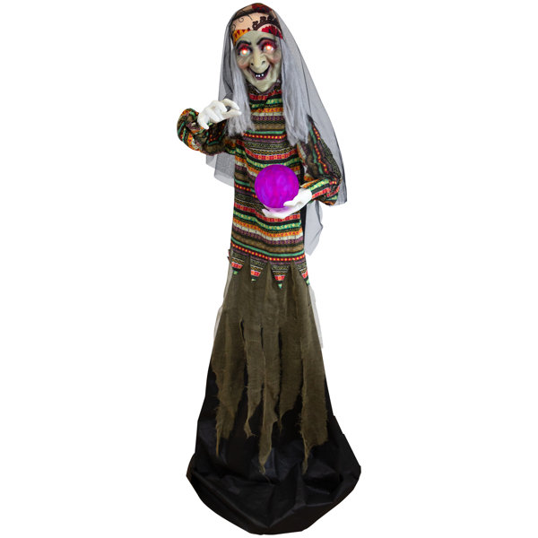 5.5' Pre-Lit Black and Green Standing Fortune Witch with Magic Ball Halloween Display