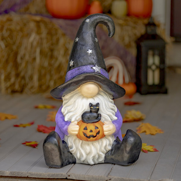 Halloween Garden Gnome Witch Holding Jack-O-Lantern and Kitten "The Hobgoblins"