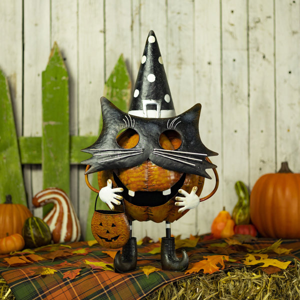 Binx 26 inch Tall Iron Pumpkin Cat Halloween Figurine