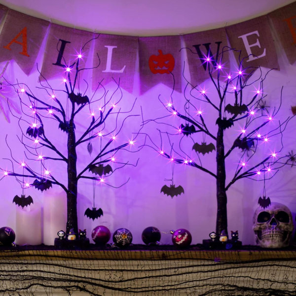 Halloween Tree, Black Halloween Decorations Indoor, 2FT Spooky Tabletop Trees Battery Operated With 24LED Purple Lights 8 Bat Ornaments, Halloween Centerpieces For Tables, Home, Room(2 Pack)