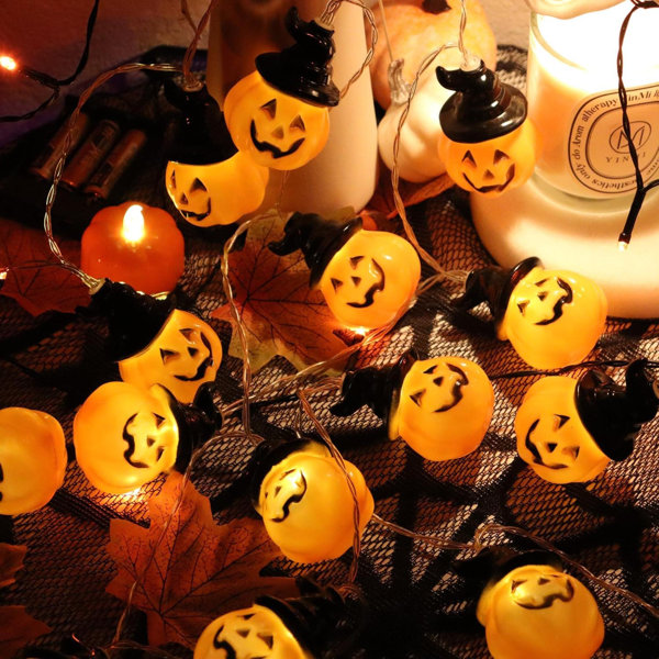 Halloween Pumpkin String Lights With Witch Hat, 20 LED 16.4FT 8 Modes Timer 3D Waterproof Orange Jack-O-Lantern Battery Operated Flickering Lights For Indoor Outdoor Decor Party Decorations