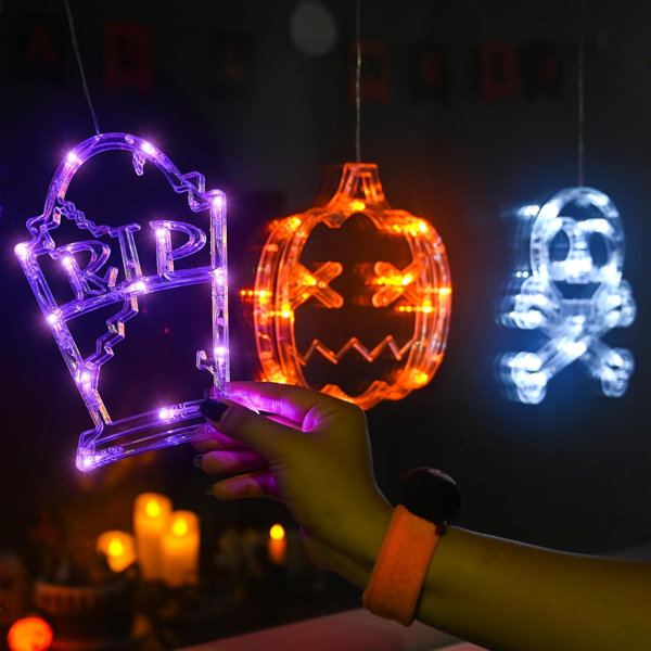 Halloween Decorations 3 Pack Orange Pumpkin, White Skull, Purple Tombstone Halloween Window Lights With Suction Cup, Battery Operated Halloween Lights With Slow Fade Mode And Timer Function