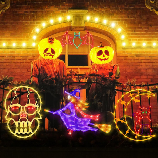 Halloween Decorations - 16" Halloween Window Silhouette Lights Decorations - 4 Pack Colour Lighted Witch & Bat & Skull Head & Cat On Moon For Holiday Indoor And Outdoor Wall Door Window Decorate