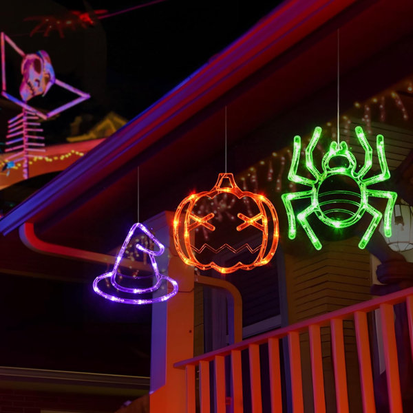 Halloween Decorations, 3 Pack Halloween Lights Orange Pumpkin Green Spider Purple Witch Hat, Halloween Window Lights USB Powered With 8 Flashing Modes, Halloween Decor For Home Bedroom