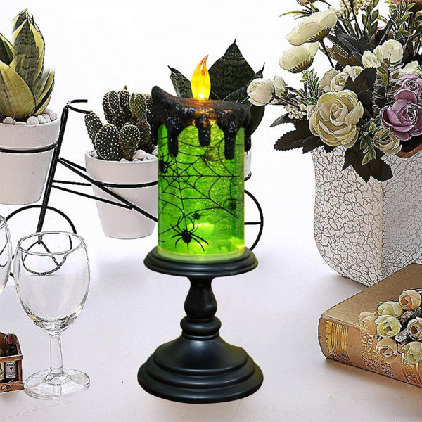 Halloween Flameless Candle Snow Globe Battery Operated With 6 Hour Timer, Green Light Spider Decal Water Tornado Lamp LED Candlestick Halloween Season Decor Gift 4 X 10 Inches