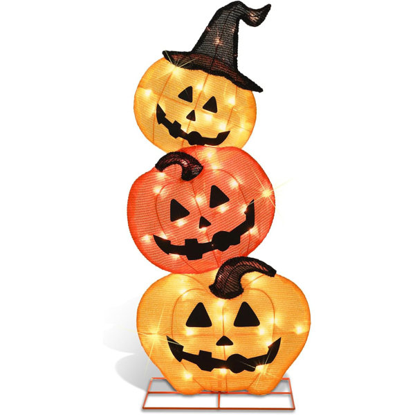 Halloween Lighted 3 Stacked Pumpkins, 39’’ H Pre-Lit Lighted Pumpkins With 50 Warm White Lights, Light Up Halloween Pumpkin Decoration For Indoor, Outdoor, Porch, Yard, Holiday Decor