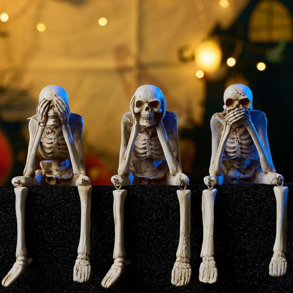 Halloween Decorations Indoor Skeleton Statues See Speak Hear No Evil Figurines For Mantel Table - Realistic Resin Skull Spooky Gothic Home Decor Set Of 3
